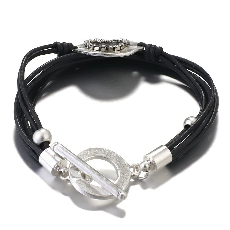 Женские кожаные браслеты ALLYES многослойные черные со стразами и змеиным узором