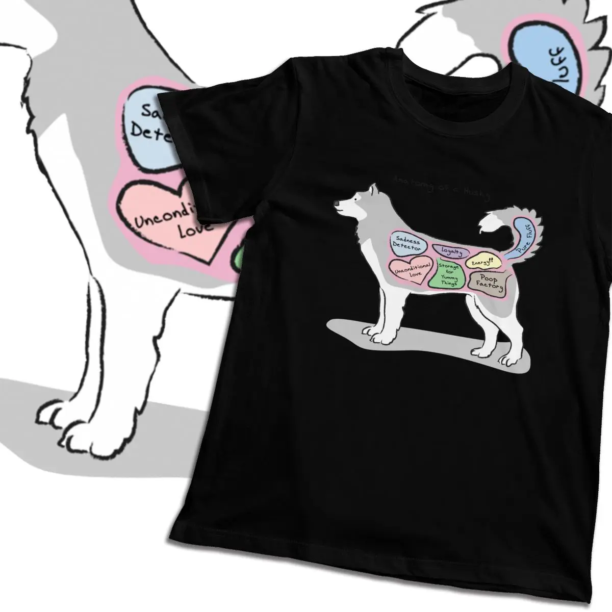 Мужская футболка с рисунком анатомии хаски мягкая коротким рукавом и круглым