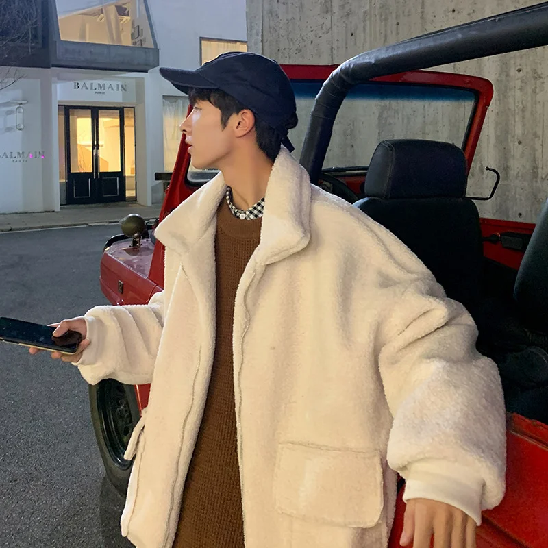 Мужская зимняя куртка оверсайз из овечьей шерсти однотонная в Корейском стиле