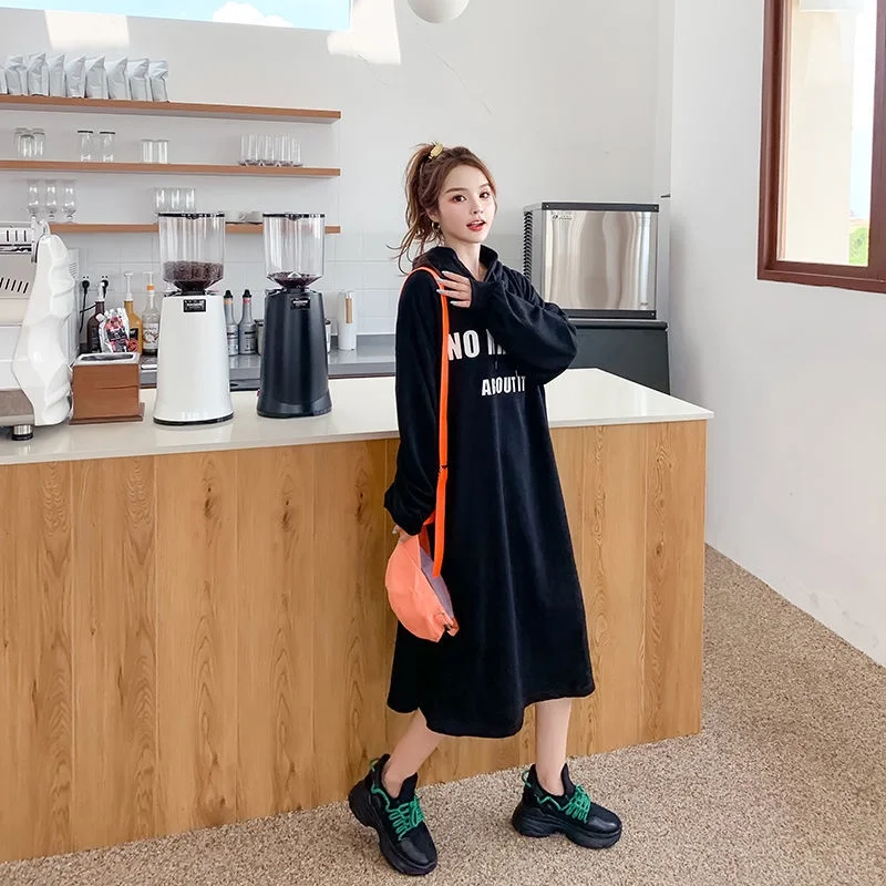 

2021 New Autumn Long Hoodies Women Dresses Casual Letter Print Long Sleeve Hooded Sweatshirts Loose Oversized Pullover