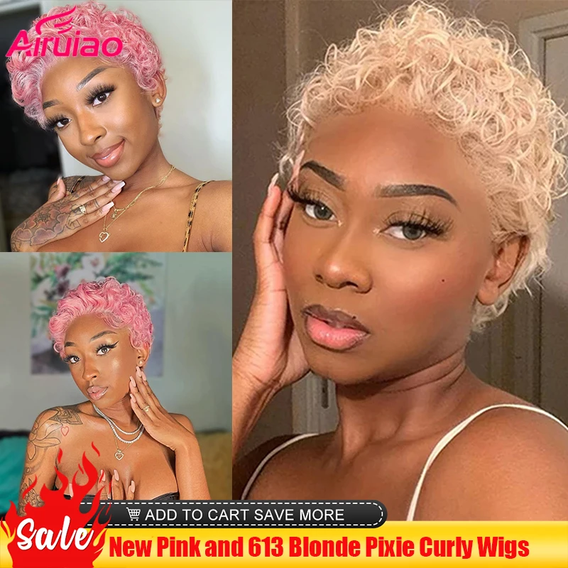 

613 Blonde Short Bob Pixie Cut 13x1 Lace Frontal Wigs Human Hair Pink Colored Curly Wig For Women HD Transpare Front Water Wave