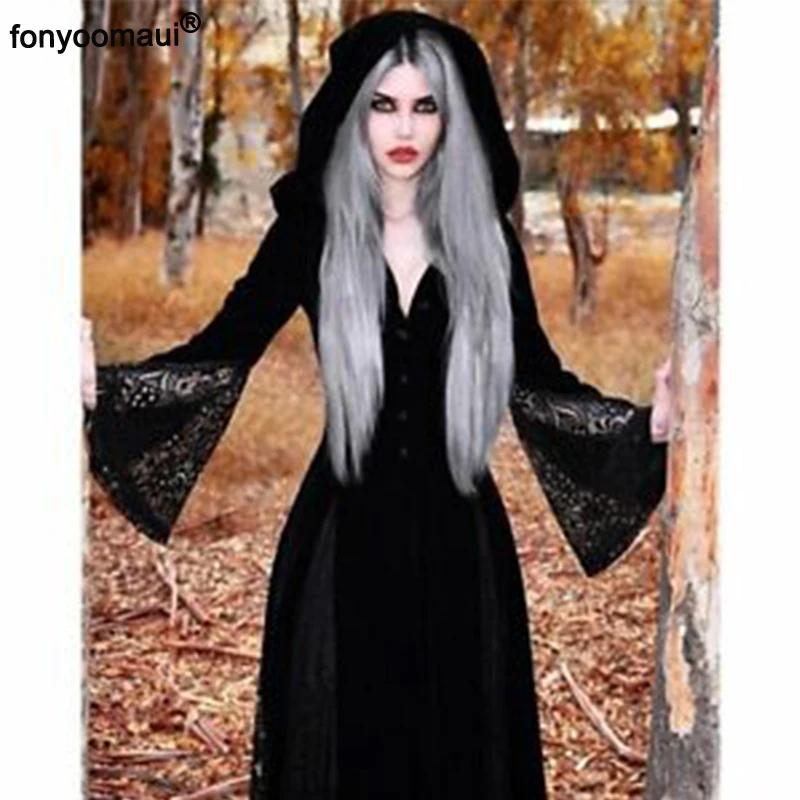 Женский винтажный костюм в готическом стиле Черное Кружевное Платье макси с