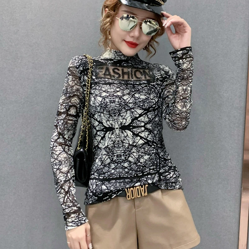 

Осенне-зимняя Футболка с принтом в Корейском стиле, привлекательные сетчатые модные женские топы в стиле пэчворк с надписью «Dianonds», футболк...