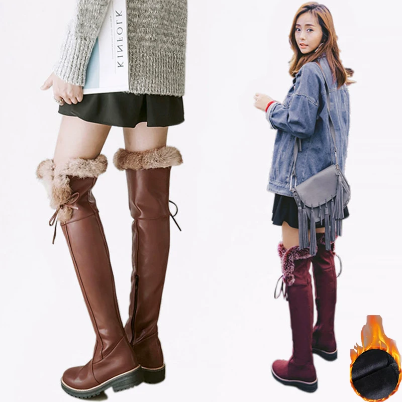 

Женские сапоги до колена, зимние теплые женские сапоги с плюшевой подкладкой, модные женские кожаные сапоги для отдыха, модные сапоги для от...