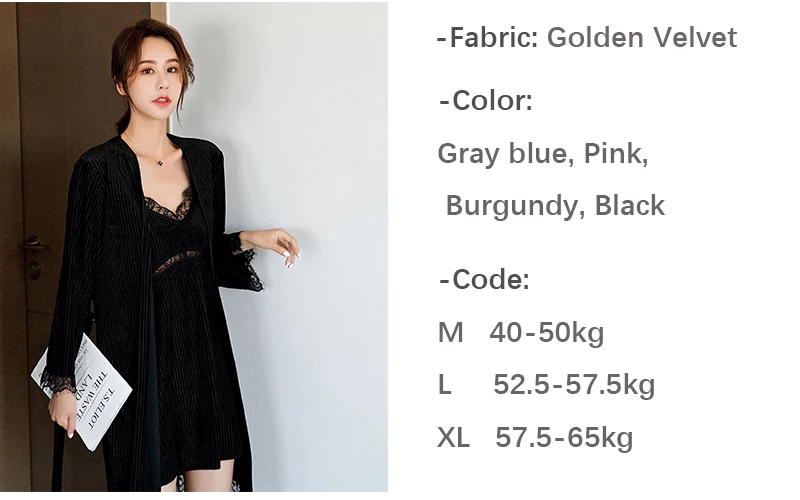 

2020 Gold Velvet 2 Pieces Warm Winter Nightdress Sets Women Sexy Lace Robe Sleepwear Sling Nightwear Nightgown With Chest Pad