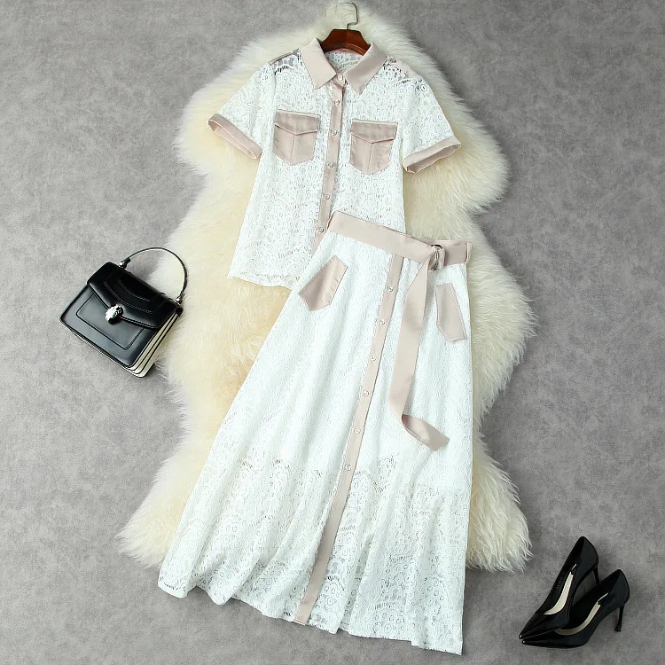 

European and American women's wear for summer 2021 Lace shirt with short sleeves and lapels Spliced skirt Fashion suits