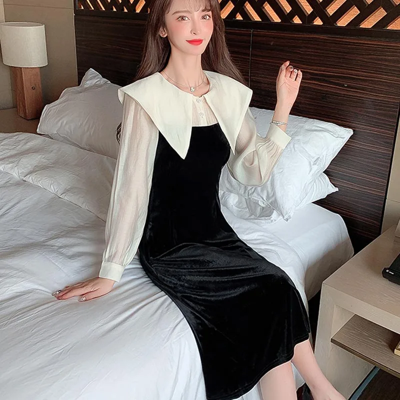 

One-Piece Korean Style New Spring Autumn Women Chic Dress French Elegant Fashion Temperament Dress Party Velvet Splicing Dresses