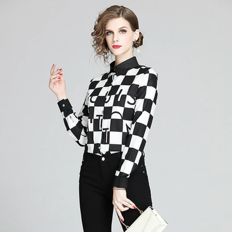 Женская модельная рубашка в клетку черно белая элегантная повседневная офисная
