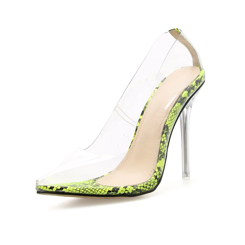 Kcenid Новые Сексуальные Зеленые змеиные прозрачные туфли из ПВХ на высоком каблуке