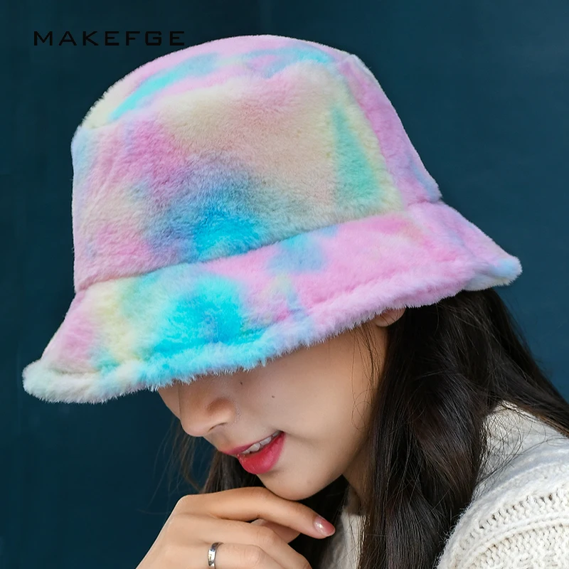 

Bucket Hat Ladies Panama Hat Rainbow Color Fisherman Hat Plush Bucket Hat Women Outdoor Shade Beanie Warm Caps Fashion Woman New