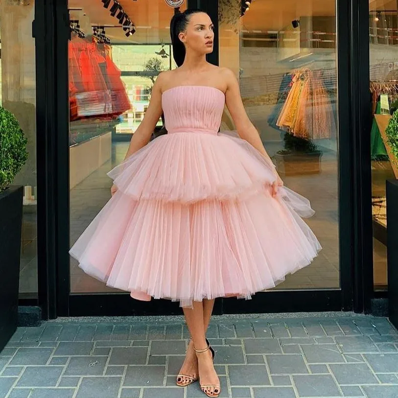 

Pink Prom Dress Evening Dresses vestidos largos abendkleider Off Shoulder Evening Gowns Tiered Pleats Tulle robe de soiree