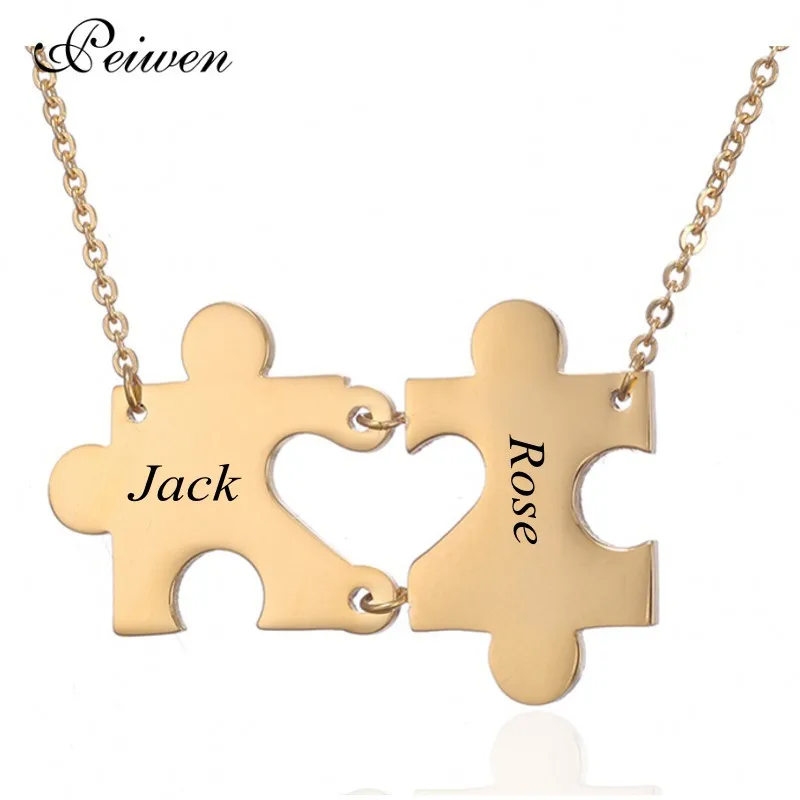 

Personalized Couple's Puzzle Heart Pendant Necklaces Stainless Steel Custom Names Necklaces For Lover Best Friends Gift Jewelry
