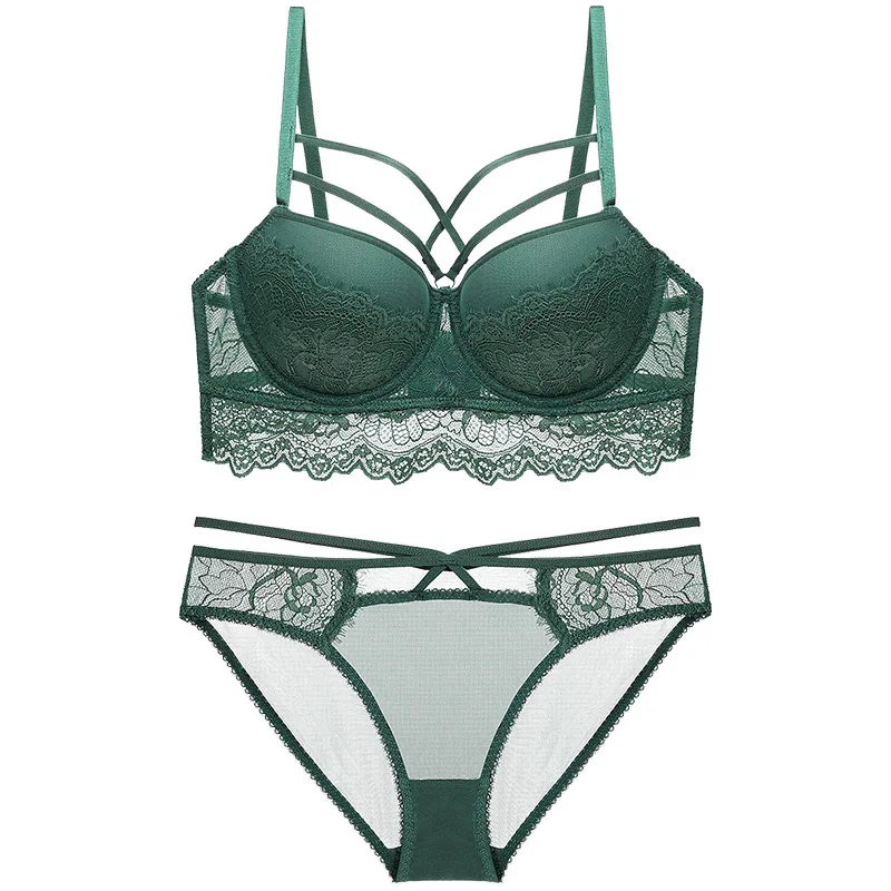 Dark Green Женский кружевной комплект с бюстгальтером, Сетчатое Прозрачное нижнее белье на косточках, собранный бандажный бюстгальтер и прозрачные трусы, женские сексуальные очаровательные костюмы - Цвет: Dark Green