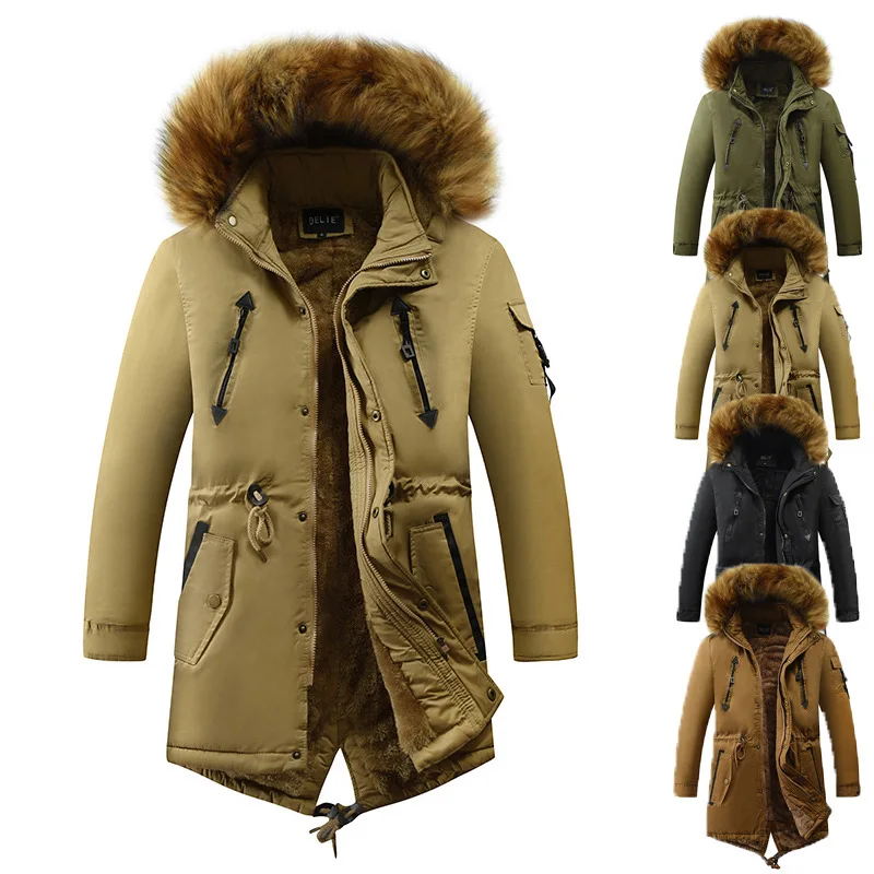 

Thicken Men's Parkas Warm Wind Proof Medium Length Solid Fur Collar Pocket Long Sleeve Zipper Male Cotton Coat