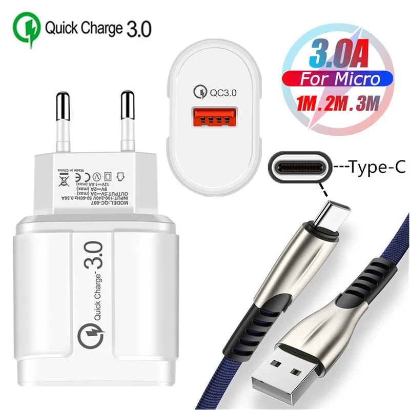 EU charger and cable Ковбойский USB кабель QC 3,0 быстрое зарядное устройство type C зарядный провод для samsung A50 A40 S8 S10 Honor 20 10 huawei P Smart Z P20 lite P30 Pro - Тип штекера: EU charger and cable