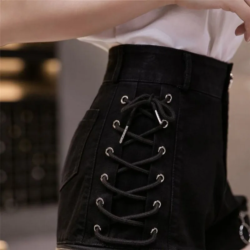 

Summer New Women's Short Korean Casual Pants Fashion Zipper Straps Slim Denim Shorts Female White Black Mid Waist Sexy Hot Pants