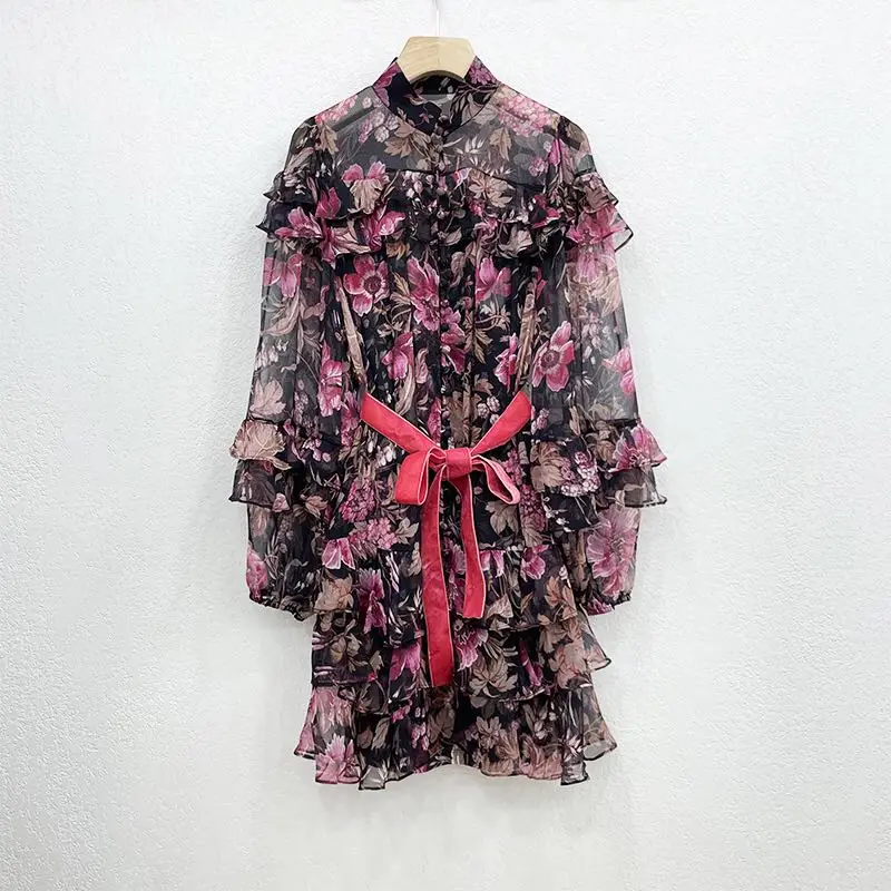 

New 100% silk flower printed lotus leaf cake 2 times long sleeve mini dress is short