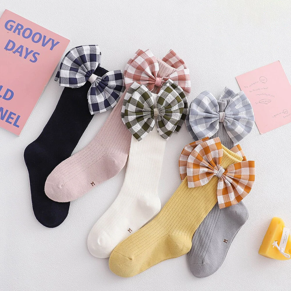 

1-9 Years Girls Knee High Socks With Bows Stripped Toddlers Long Socks Cotton Kids School Sock Soft Infant Baby Socken