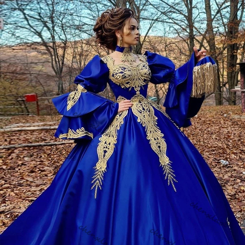 

Luxury Blue Silky Stain Saudi Arabian Prom Dresses Tassel Gold Appliques Puffy Flared Sleeve Gowns Middle East Veatido De Fiesta