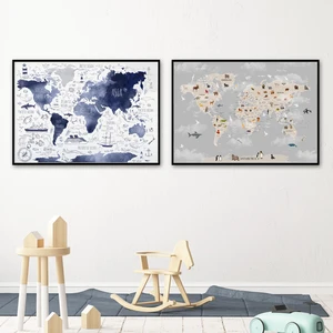 Мультфильм, животные, карта, Лев, панда, скандинавские плакаты и принты, настенное искусство, живопись на холсте, искусство, декор детской комнаты