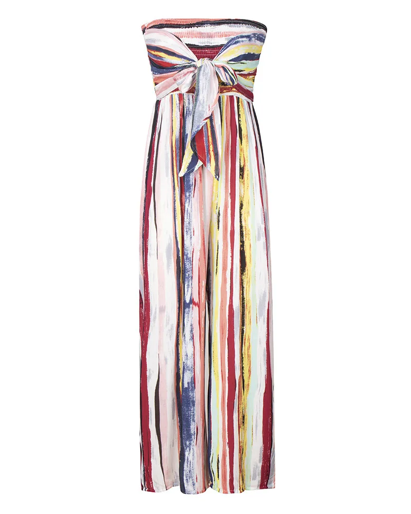 

Strapless Women Jumpsuit Color Stripe Bow Tie Sexy Sleeveless Backless Bodysuit Summer Wide Leg Long Female Casual Beach Rompers