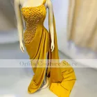 Желтые атласные блестящие исламские блестящие платья на одно плечо 2021 арабские официальные платья для выпускного вечера