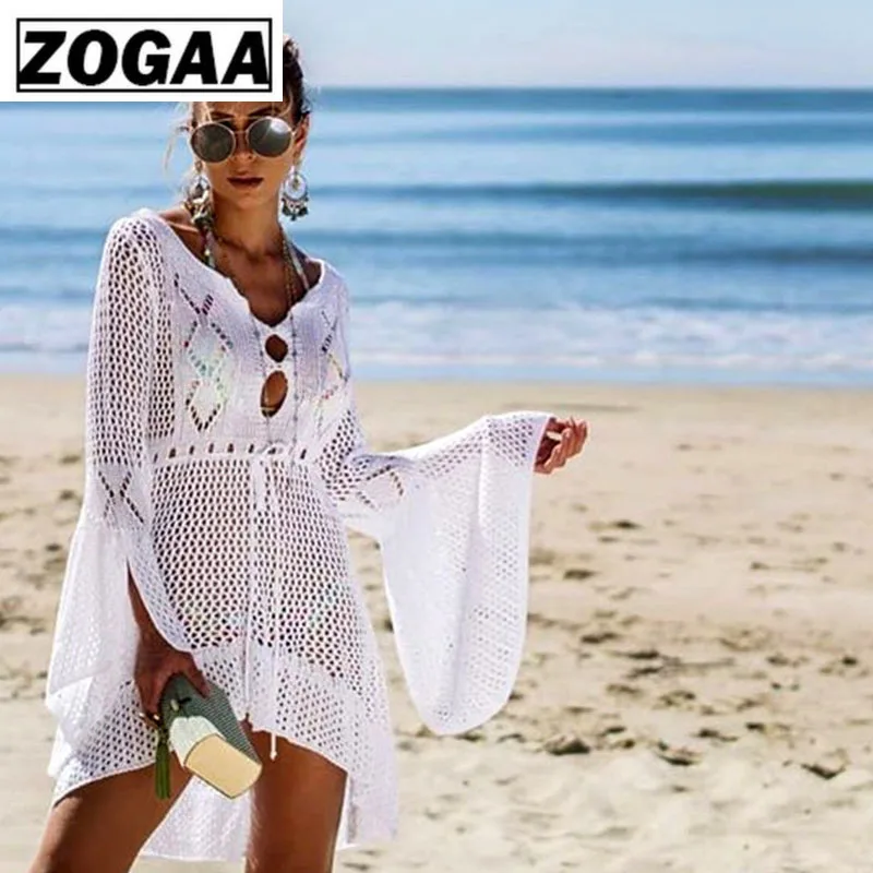 Белое трикотажное пляжное платье туника длинное парео бикини накидка для