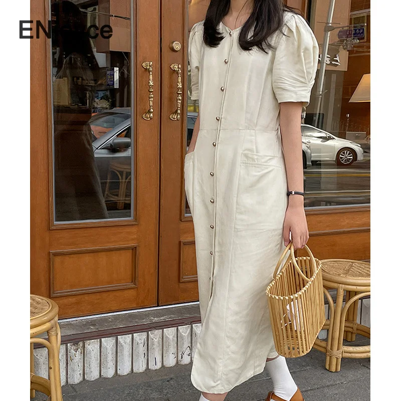 

Women Vintage Cotton Linen Mid-length Dress Summer Korean Style Elegant Short Sleeve Skirt Office Ladies Loose Workwear Dresses