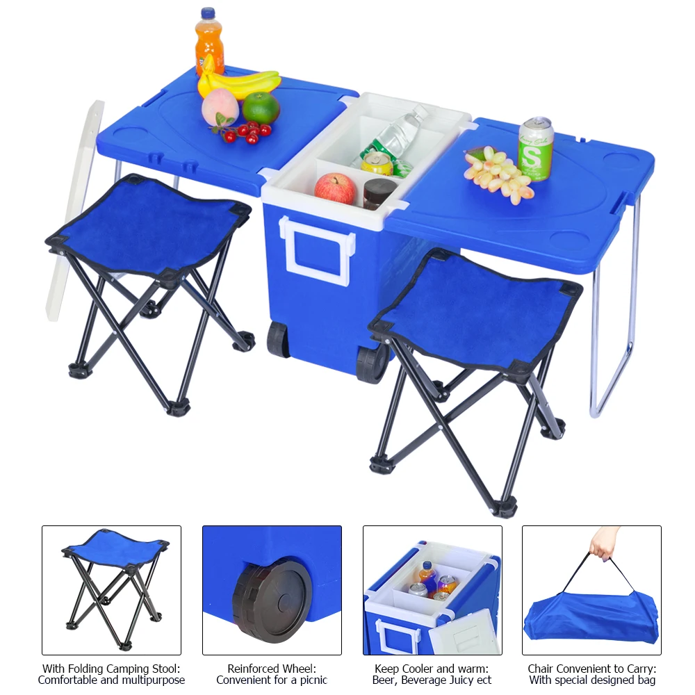 

Two Colors Outdoor Picnic Foldable Multi-function Rolling Cooler Upgraded Stool