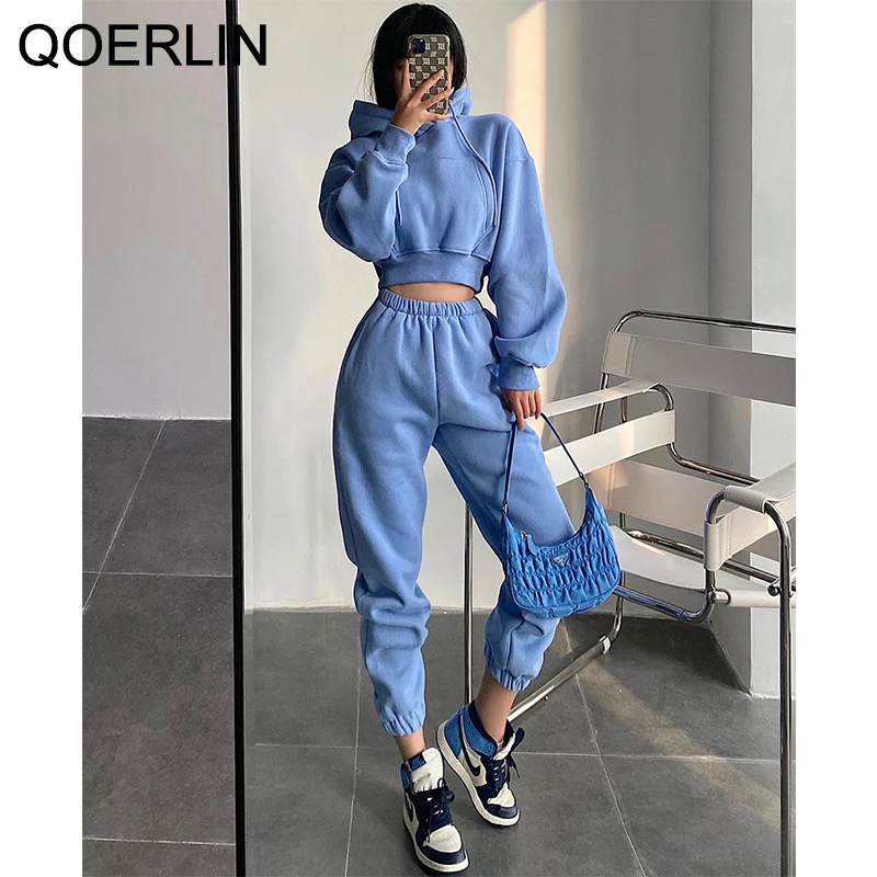

QOERLIN Chic Sweatpants Sets Hooded Short Pocket Sweatshirts High Waist Loose Elastic Waist Pants Set Harajuku Pant Suits