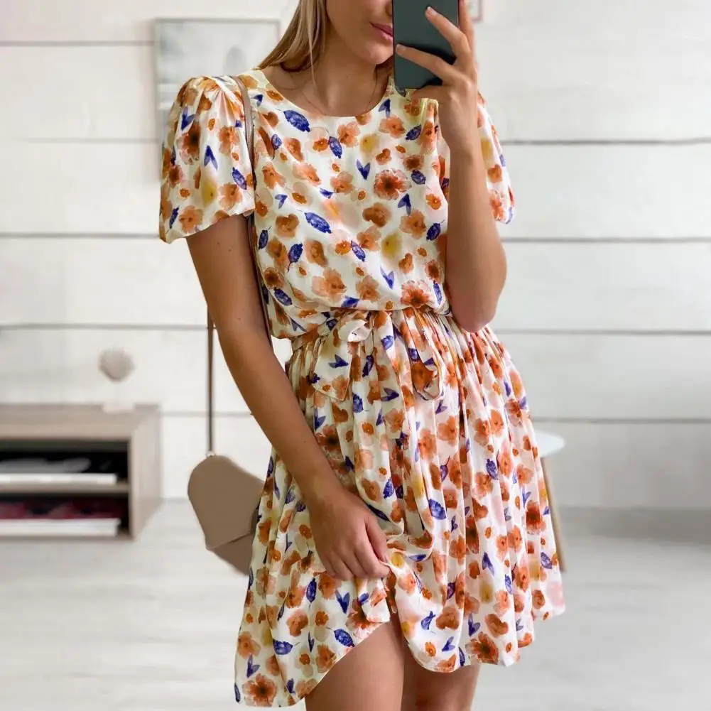 

Ladies Sweet Dress Floral Print High Waist Puff Short Sleeve Lace Up Dress Daily Wear Sexy Round Neck Summer Dress robe Versatil