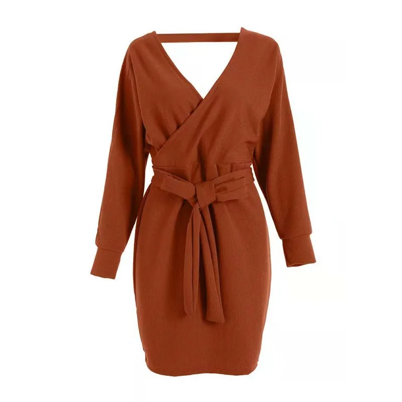 

Leosoxs 2020 Spring Winter New Fashion Sexy V Neck Hollow Out Women's Mini Dress Casual Belt Tunic Solid Long Sleeve Lady Dress