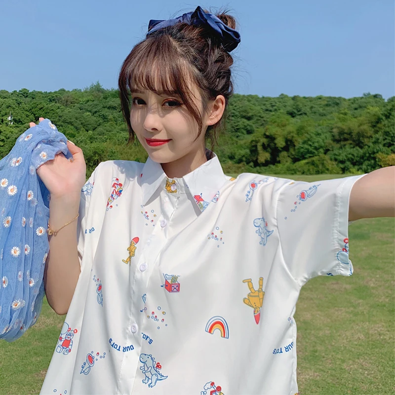 Новая летняя шифоновая рубашка женская в стиле колледжа с рисунком животных