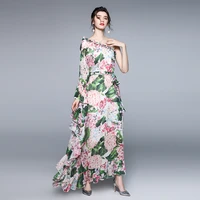 summer new holiday long dress backless beach style layers chiffon dresses flounce charming one shoulder lace print floral dress