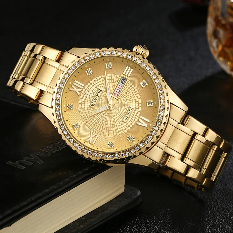 WWOOR 2021 Top Brand Couple Watch Men and Women Fashion Luxury Diamond Stainless Gold Quartz Pair Lovers Watch Gift For Birthday