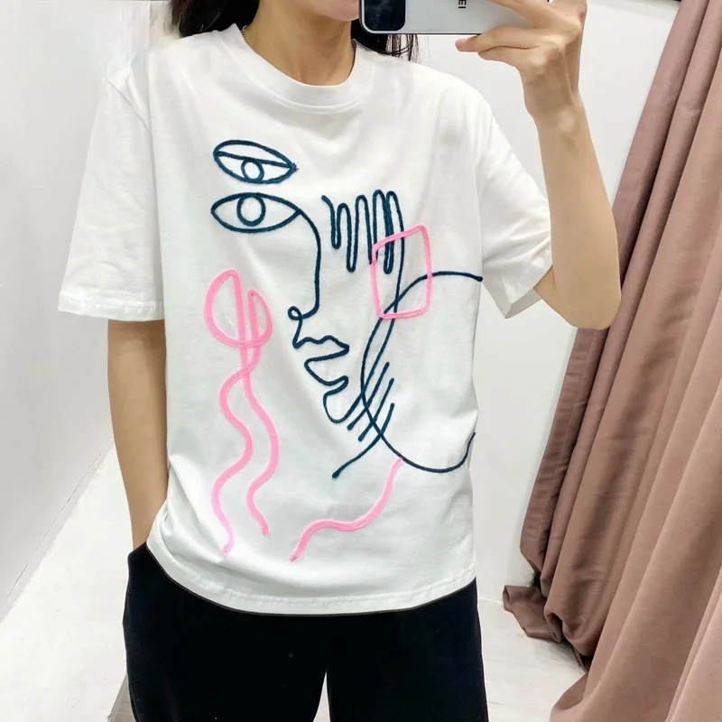 

Zoulv 2021 Spring Women Embroidery Cotton T Shirt Short Sleeve O Neck Tees Ladies Casual Tee Shirt Street Wear Top