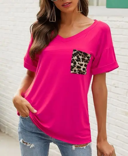 

2021 women's spring and summer V-neck pocket T-shirt European and American short-sleeved loose top TB9038