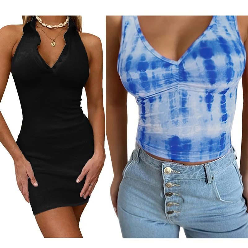 

1 Pcs Halter V-Neck Mini Dresses Dress Black S Size & 1 Pcs Tie-Dye V-Neck Fashion Slim Bottoming Shirt Blue S Size