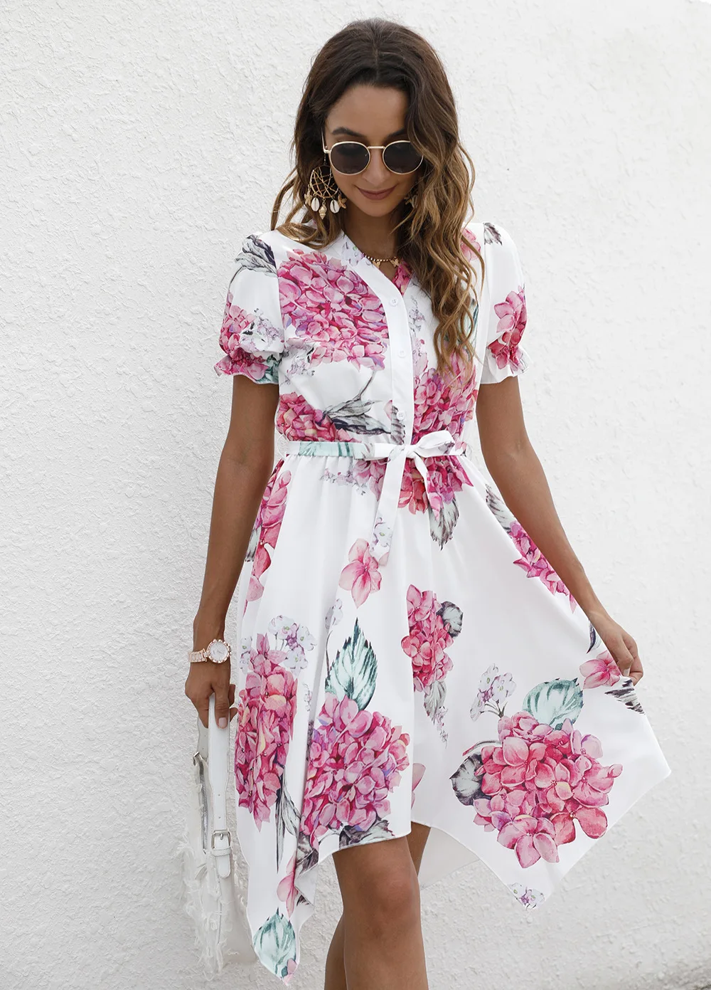 

Women Robe Femme Summer Print Dresses Irregular Single-Breasted Bandage V-Neck Short Sleeve Y2K Dress For Woman Vestido De Mujer