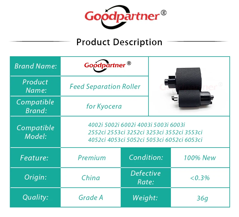 302ND94380 Feed Separation Roller for Kyocera 2552ci 2553ci 3252ci 3253ci 3552ci 3553ci 4052ci 4053ci 5052ci 5053ci 6052ci 6003i |