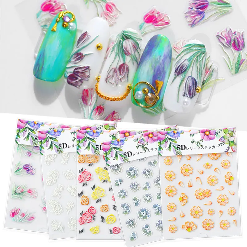 Новые 5D тисненые наклейки для ногтей цветок Бабочка Листья акриловые