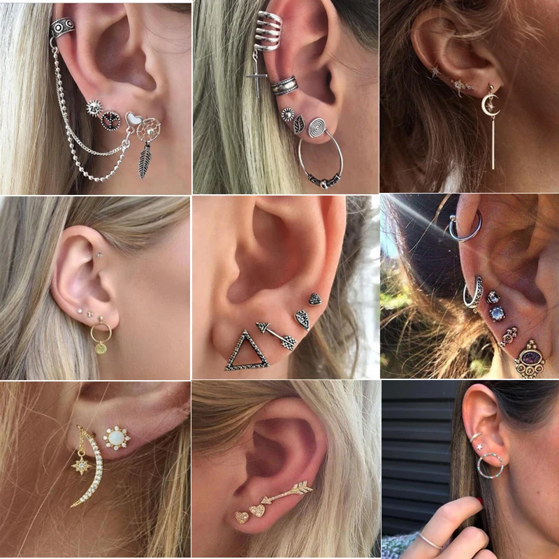 Женские серьги кольца с кристаллами золотистого и серебристого