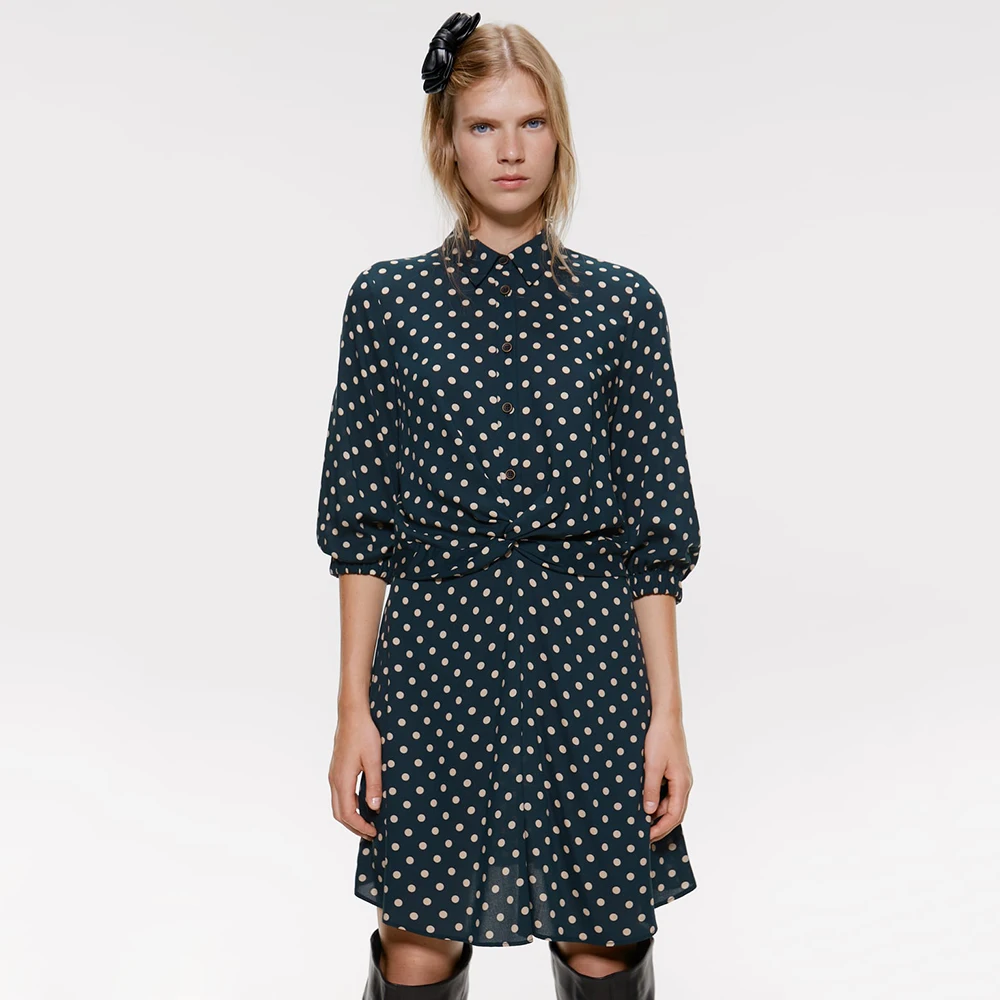 2019 ZA мини-платье с отложным воротником женское платье длинным рукавом и узлом в