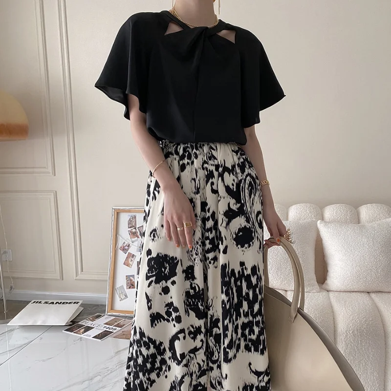 

Fashion Chic Irregular O-Bow Tie Hollow Design Women's Top Simple Pure Color Butterfly Sleeve T-shirt Office Lady Elegant Summer