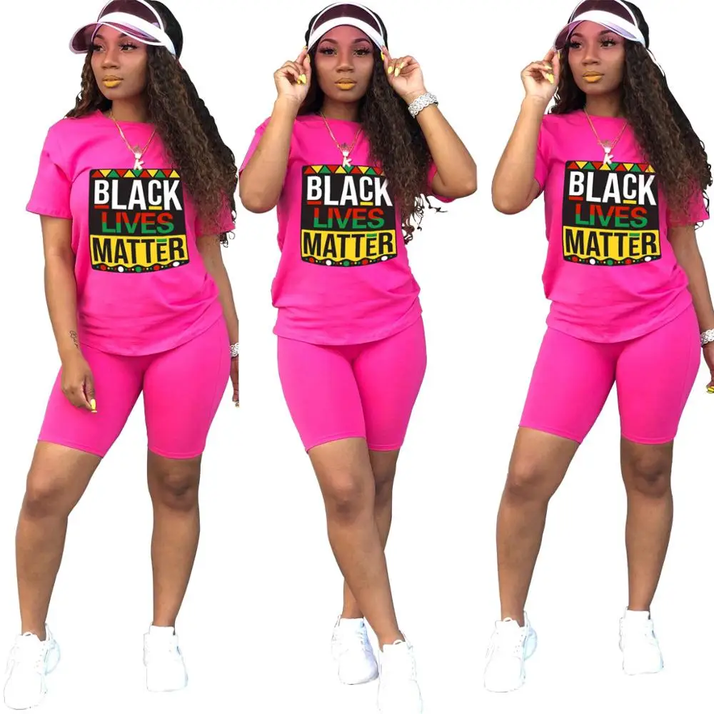 

Summer Black Lives Matter Letter Sport Women Short Sleeve Tee Top Shorts Jogger Suits Two Piece Set Active Tracksuit Outfits