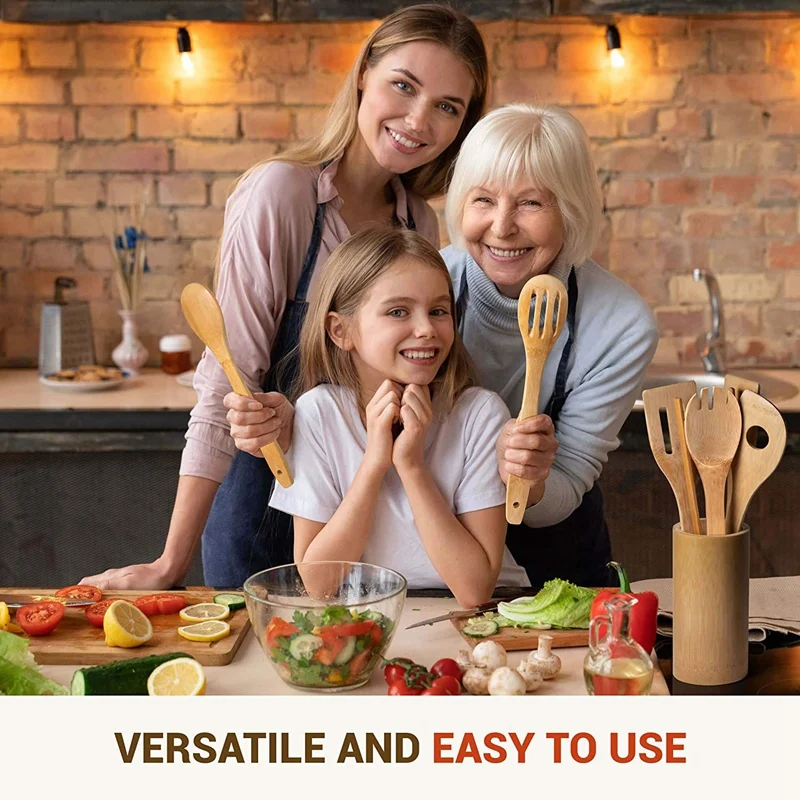 SHGO HOT-Wooden Cooking Utensils Set - 7Pcs Wood Kitchen Utensil Wooden Spoons for &amp Spatulas Nonstick Cookwar | Дом и сад