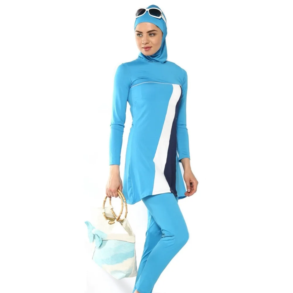 

2021 Modest Muslim Swimwear Women Islam Hit Color Long Sleeve Three Piece Full Cover Islamic Swimsuit Hijab Plus Size Beachwear