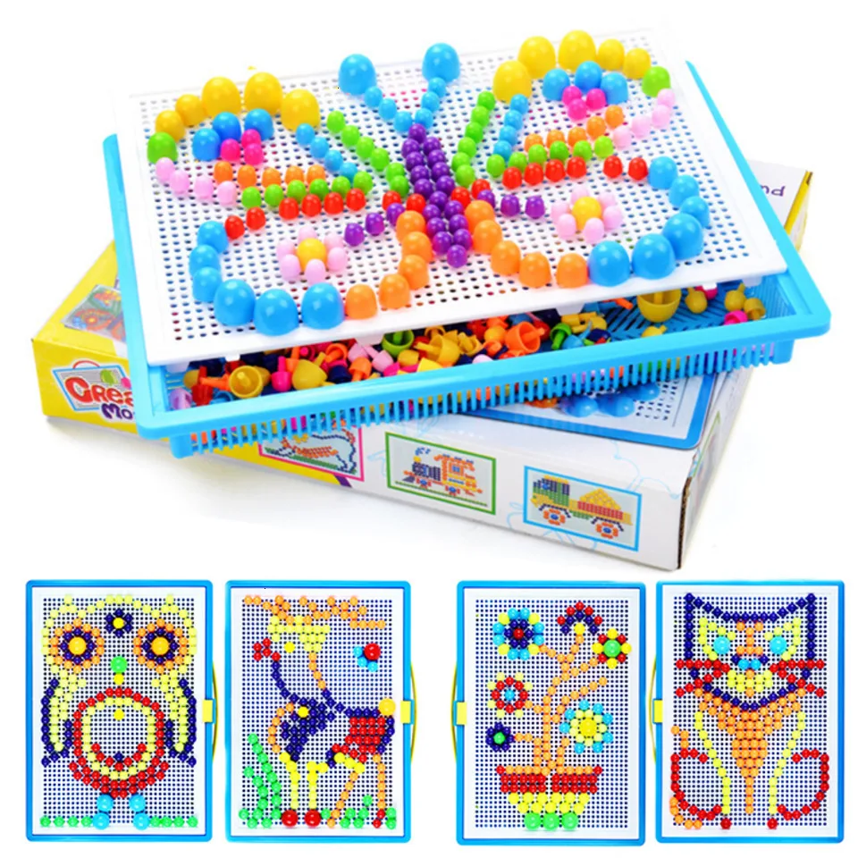 296 Pcs/Set DIY Mushroom Nail Puzzle Jigsaw Board Game Educational Toys For Children Kids Colorful Button Building Board Gift