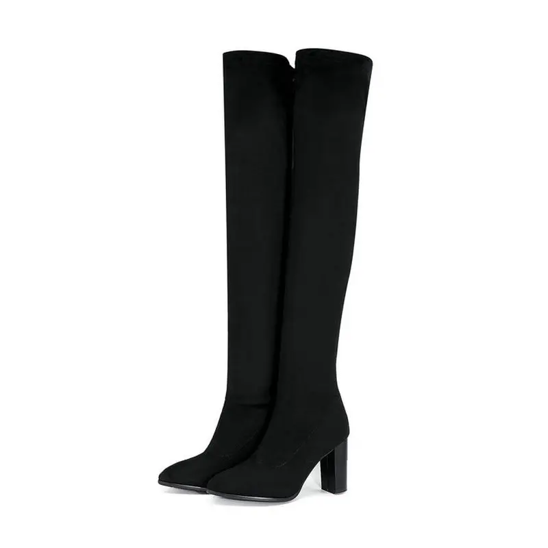 Женские ботфорты с острым носком черные синие винные Сапоги выше колена из флока