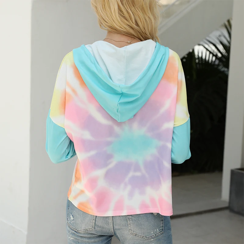 

Women Tie Dye Pullovers Long Sleeve V Neck Drawstring Hoodie Female Casual Loose Streetwear Tops Feminine Fashion 2021